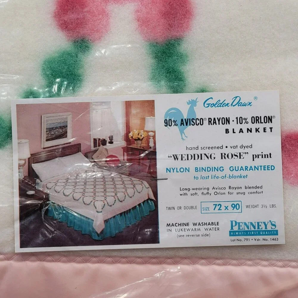 Golden Dawn Wedding Rose‎ Wreath Greenery Pink Flower Blanket 72x90 Penney's Vtg